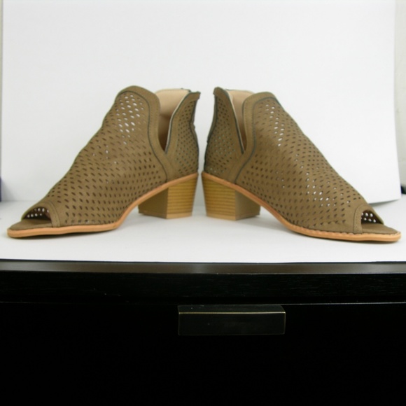 LAST 1 Khaki Open Toe Laser Cut Vegan Suede Bootie - Picture 2 of 7